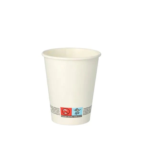 A PAPSTAR GmbH 50 drinking cups, cardboard 0.2 l cardboard cup stands empty and upright with a printed warning notice near the bottom against a white background.
