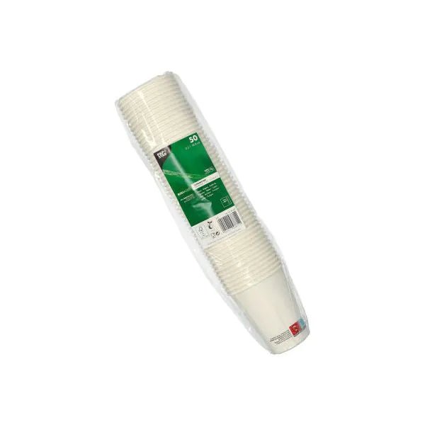 A sealed package with 50 PAPSTAR 0.2 l cardboard cups from PAPSTAR GmbH with a green-white label, viewed from above on a plain white background.
