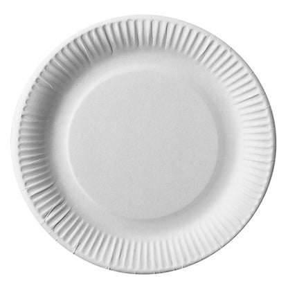A round, white PAPSTAR cardboard plate (Ø 23 cm) from PAPSTAR GmbH, eco-friendly and stable, viewed from above with a fluted edge on a white background (Box: 200 pieces).