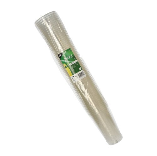 A 60-pack of PAPSTAR cold drink cups PLA "pure", crystal clear (Ø 9.5 cm, 15.14 cm), from PAPSTAR GmbH, biodegradable, stacked and packaged in transparent foil with a green-white label.