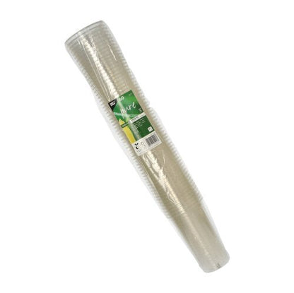 A 60-pack of PAPSTAR cold drink cups PLA "pure", crystal clear (Ø 9.5 cm, 15.14 cm), from PAPSTAR GmbH, biodegradable, stacked and packaged in transparent foil with a green-white label.