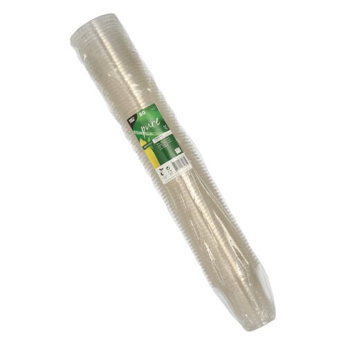A stack of PAPSTAR cold drink cups PLA "pure" (80 pieces), crystal clear, Ø 9.5 cm, 9.59 cm, from PAPSTAR GmbH, packaged in transparent plastic with a green-white central label.