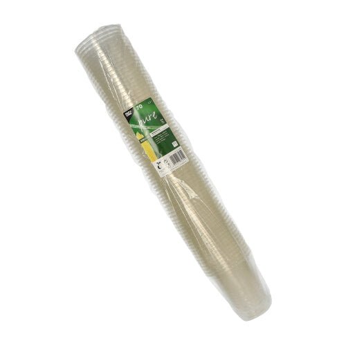 A stack of 70 PAPSTAR cold drink cups PLA "pure", crystal clear (Ø 9.5 cm), biodegradable, wrapped in foil, with a green and white front label from PAPSTAR GmbH.