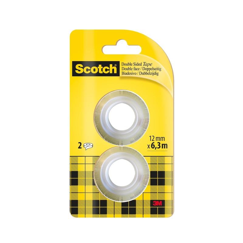 The Scotch® double-sided tape refill pack from 3M Deutschland GmbH contains 2 rolls of 12 mm x 6.3 m in a yellow plaid design with the Scotch logo - ideal as a practical refill pack for your adhesive needs.
