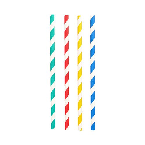 Five PAPSTAR 100 shake straws, paper Ø 8 mm (from PAPSTAR GmbH) in white and green, red, yellow, blue, and another yellow stripe are arranged vertically and evenly distributed on a white background.