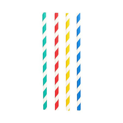 Five PAPSTAR 100 shake straws, paper Ø 8 mm (from PAPSTAR GmbH) in white and green, red, yellow, blue, and another yellow stripe are arranged vertically and evenly distributed on a white background.