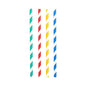Five PAPSTAR 100 shake straws, paper Ø 8 mm (from PAPSTAR GmbH) in white and green, red, yellow, blue, and another yellow stripe are arranged vertically and evenly distributed on a white background.