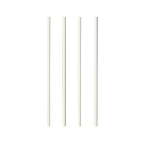 Four PAPSTAR 100 straws, paper "pure" (Ø 6 mm, 20 cm) from PAPSTAR GmbH are arranged vertically on a white background, highlighting their eco-friendly and biodegradable alternative for environmentally conscious drinking.