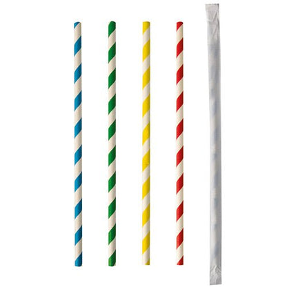 Five PAPSTAR 100 paper straws (Ø 6 mm) by PAPSTAR GmbH in diagonal blue, green, yellow, and red stripes and one individually wrapped straw in front of a white background - all presented vertically.