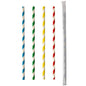Five PAPSTAR 100 paper straws (Ø 6 mm) by PAPSTAR GmbH in diagonal blue, green, yellow, and red stripes and one individually wrapped straw in front of a white background - all presented vertically.