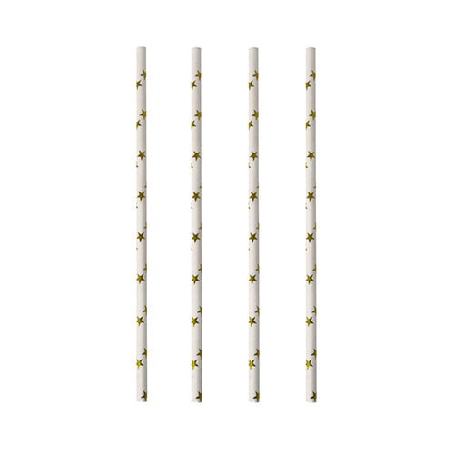 Four PAPSTAR 100 straws (Ø 6 mm) by PAPSTAR GmbH with yellow star patterns are arranged vertically on a white background.