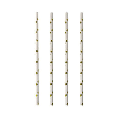 Four PAPSTAR 100 straws (Ø 6 mm) by PAPSTAR GmbH with yellow star patterns are arranged vertically on a white background.