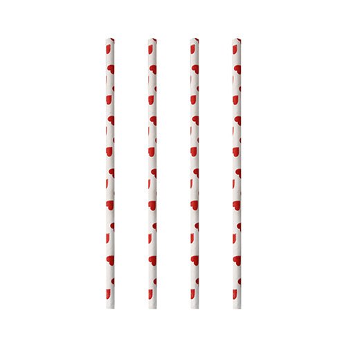 Four PAPSTAR 100 paper straws by PAPSTAR GmbH with small red hearts stand vertically in a row on a white background, showcasing the brand's sustainable design.