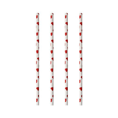 Four PAPSTAR 100 paper straws by PAPSTAR GmbH with small red hearts stand vertically in a row on a white background, showcasing the brand's sustainable design.