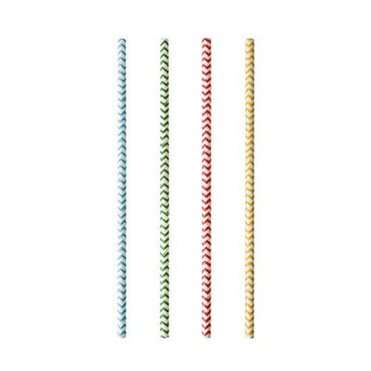 Four PAPSTAR paper straws (Ø 6 mm, colorful zigzag pattern in blue, green, red, and yellow) by the brand PAPSTAR GmbH are arranged vertically on a white background. The pack contains 100 eco-friendly straws.