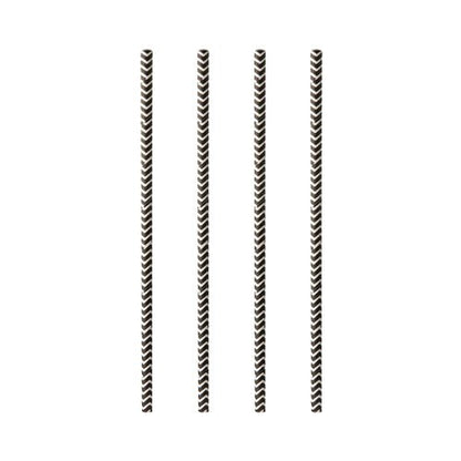 Four PAPSTAR 100 paper straws (Ø 6 mm) by the brand PAPSTAR GmbH are black and white striped and arranged vertically on a plain white background.