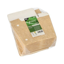 A clear stack of 50 brown PAPSTAR "pure" French fries scoops in environmentally friendly cardboard with a hinged lid, green-white label and product information from the brand PAPSTAR GmbH, packaged in plastic.