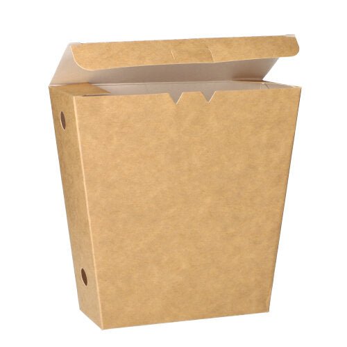 A PAPSTAR French fries scoop "pure" in brown with a hinged lid, made of environmentally friendly cardboard, partially open and viewed from the front against a white background. Pack of 50 pieces from PAPSTAR GmbH.