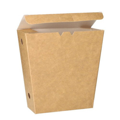 A PAPSTAR French fries scoop "pure" in brown with a hinged lid, made of environmentally friendly cardboard, partially open and viewed from the front against a white background. Pack of 50 pieces from PAPSTAR GmbH.