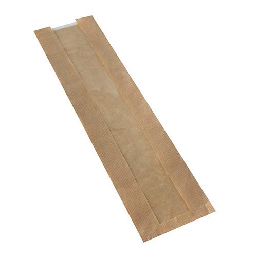On a white background lies a PAPSTAR 1000 viewing strip bag "pure" from PAPSTAR GmbH, a brown, flat paper bag with an open top and a PLA window, made from biodegradable material.
