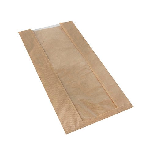 A single PAPSTAR 1000 viewing strip bag with PLA window "pure", brown from PAPSTAR GmbH lies flat on a white background. This eco-friendly, rectangular bag has side gussets, an open top, and a transparent PLA window.