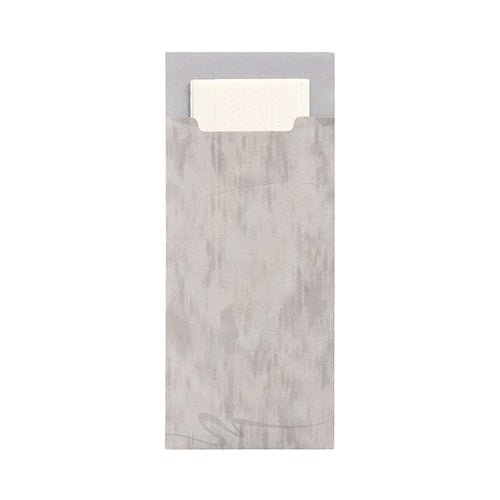 A gray PAPSTAR 520 cutlery bag (20x8.5 cm, 2-ply) from PAPSTAR GmbH made of textured material with a matching white napkin partially visible at the top.