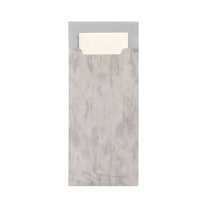 A gray PAPSTAR 520 cutlery bag (20x8.5 cm, 2-ply) from PAPSTAR GmbH made of textured material with a matching white napkin partially visible at the top.