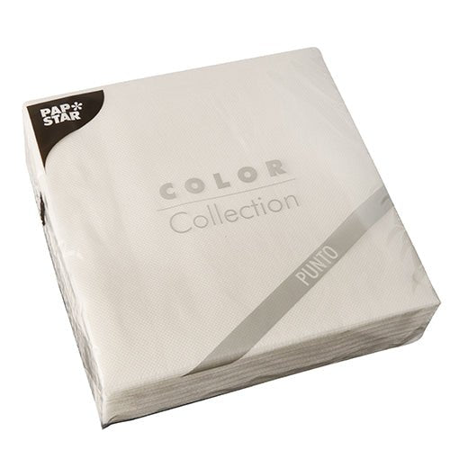 A sealed package containing 30 white, 2-ply “PUNTO” napkins (38x38 cm, 1/4 fold) from the PAPSTAR GmbH with a subtle polka-dot pattern—perfect for elegant table decorations.