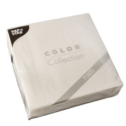 A sealed package containing 30 white, 2-ply “PUNTO” napkins (38x38 cm, 1/4 fold) from the PAPSTAR GmbH with a subtle polka-dot pattern—perfect for elegant table decorations.