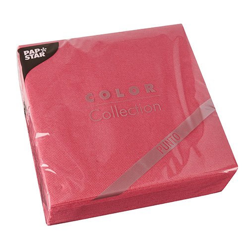 A pack of 30 PAPSTAR-“PUNTO” napkins in red, 2-ply (38x38 cm, 1/4-fold) in clear plastic wrap with a “Color Collection” label and PAPSTAR-Logo – perfect for stylish table decorations.