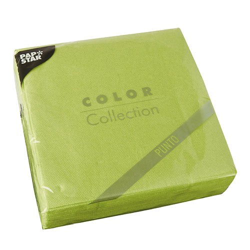 A sealed package containing 30 PAPSTAR-Napkins, 2-ply “PUNTO” (38 x 38 cm, 1/4-fold) from the PAPSTAR GmbH, with a polka-dot pattern and packaged in transparent film.
