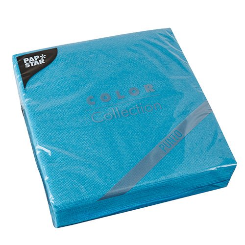 30 blue "PUNTO" napkins from the PAPSTAR GmbH, 2-ply, 1/4-fold, 38x38 cm with a polka-dot pattern, sealed in clear plastic wrap—ideal for stylish table decorations.