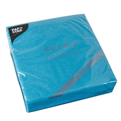 30 blue "PUNTO" napkins from the PAPSTAR GmbH, 2-ply, 1/4-fold, 38x38 cm with a polka-dot pattern, sealed in clear plastic wrap—ideal for stylish table decorations.
