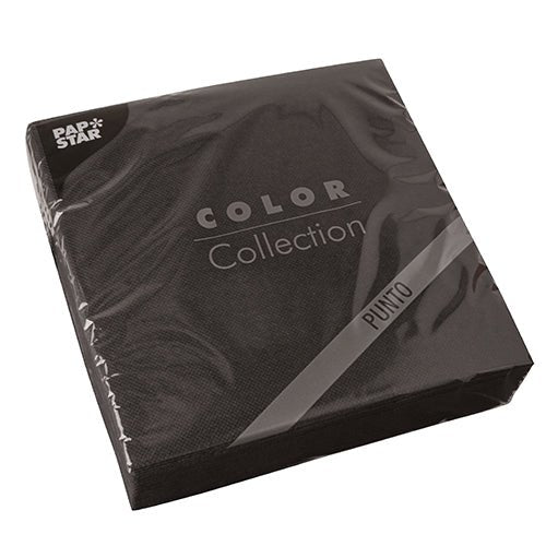 A package of 30 black PAPSTAR "PUNTO" 2-ply napkins (38x38 cm, 1/4 fold) from the PAPSTAR GmbH – perfect for an elegant table setting and neatly packaged in clear plastic wrap.