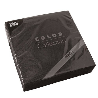 A package of 30 black PAPSTAR "PUNTO" 2-ply napkins (38x38 cm, 1/4 fold) from the PAPSTAR GmbH – perfect for an elegant table setting and neatly packaged in clear plastic wrap.