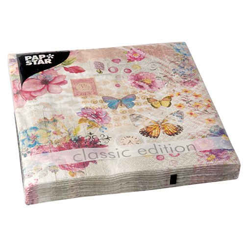 A pack of PAPSTAR 20 napkins, 33 cm x 33 cm, 3-ply, 1/4-fold design set 2 from PAPSTAR GmbH. The mostly transparent packaging shows the decorative pattern.
