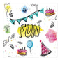 A colorful design with cake, balloons, pennants, sweets, and "FUN" in yellow - plus camera, music notes, mask, and confetti. Perfect for PAPSTAR 20 napkins 33x33cm 3-ply Set 4 from PAPSTAR GmbH.