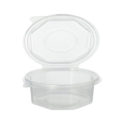 A transparent, octagonal Starpak 50 packaging cup with hinged lids made of PP is depicted with an open hinged lid, revealing the empty interior. The disposable container is ribbed and ideal for storing food for single use or takeout.