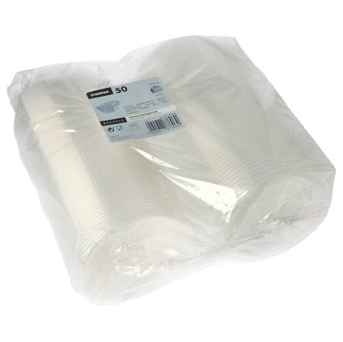 A sealed plastic packaging with 50 Starpak packaging cups with hinged lids, PP, transparent, octagonal, each cup labeled with quantity and product information.