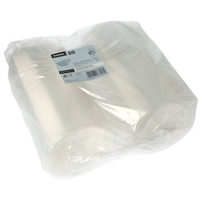 A sealed plastic packaging with 50 Starpak packaging cups with hinged lids, PP, transparent, octagonal, each cup labeled with quantity and product information.