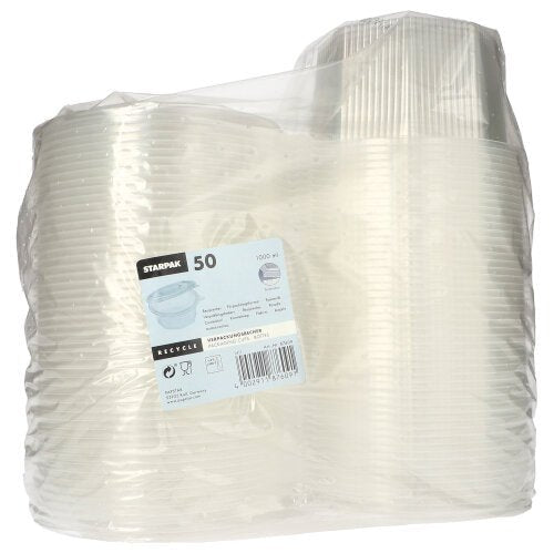 The Starpak 50 packaging cups with hinged lids are transparent, octagonal disposable cups made of PP, packed in a clear plastic container with a label containing detailed product information, quantity, and recycling information.