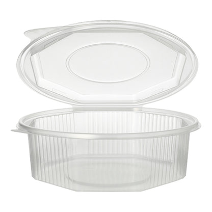A transparent, 8-sided Starpak packaging cup (1.5 l, 5.9 x 18 x 18 cm) with a hinged lid can be opened and reveals the empty contents. The PP container has vertical side ribs and a smooth, flat bottom. Available as a pack of 25 pieces with foil.