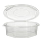 A transparent, 8-sided Starpak packaging cup (1.5 l, 5.9 x 18 x 18 cm) with a hinged lid can be opened and reveals the empty contents. The PP container has vertical side ribs and a smooth, flat bottom. Available as a pack of 25 pieces with foil.
