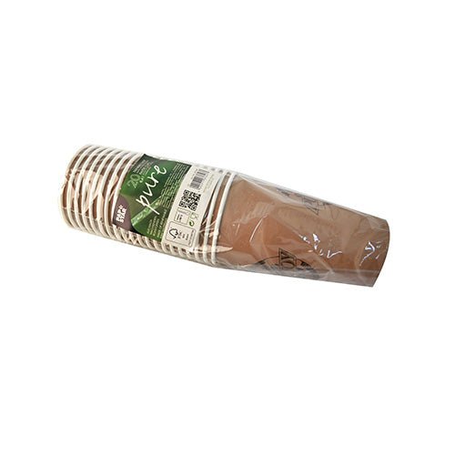 A stack of PAPSTAR 20 drinking cups, cardboard 0.4 l from PAPSTAR GmbH is packaged in clear plastic packaging with a green-white label. The environmentally friendly cups lie horizontally against a white background.