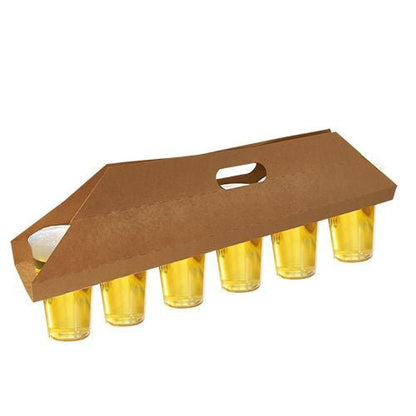 The PAPSTAR carrying trays "pure" 12x9.5 cm in brown hold 6 cups and feature an upper grip slot for easy carrying. Made by PAPSTAR GmbH, each pack contains 30 eco-friendly cardboard trays wrapped in shrink film.