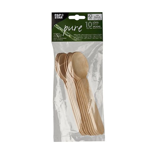In a transparent package, there are 10 coffee spoons made of wood "pure" from PAPSTAR GmbH with a green-white label with the inscription "Pure" and "10 spoons, wood" as well as brand information.