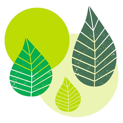 Three stylized leaves with white veins overlay green circles on a white background – ideal for PAPSTAR 20 napkins, 40 cm x 40 cm, 3-ply, 1/4-fold from PAPSTAR GmbH.