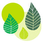 Three stylized leaves with white veins overlay green circles on a white background – ideal for PAPSTAR 20 napkins, 40 cm x 40 cm, 3-ply, 1/4-fold from PAPSTAR GmbH.