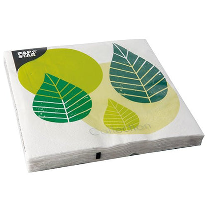 Pictured is a stack of PAPSTAR 20 napkins (40 cm x 40 cm, 3-ply, 1/4-fold) with green and yellow leaf motif. In the upper left corner is the logo of PAPSTAR GmbH.