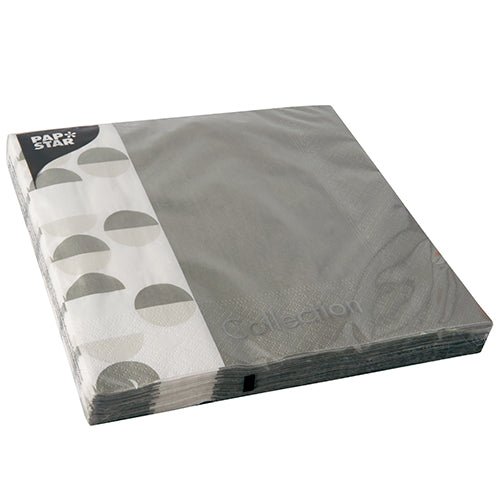 A stack of PAPSTAR 20 napkins (40 x 40 cm, 3-ply, 1/4-fold) from PAPSTAR GmbH is delivered in transparent plastic with a stylish black-white geometric "Collection" label for an elegant touch.